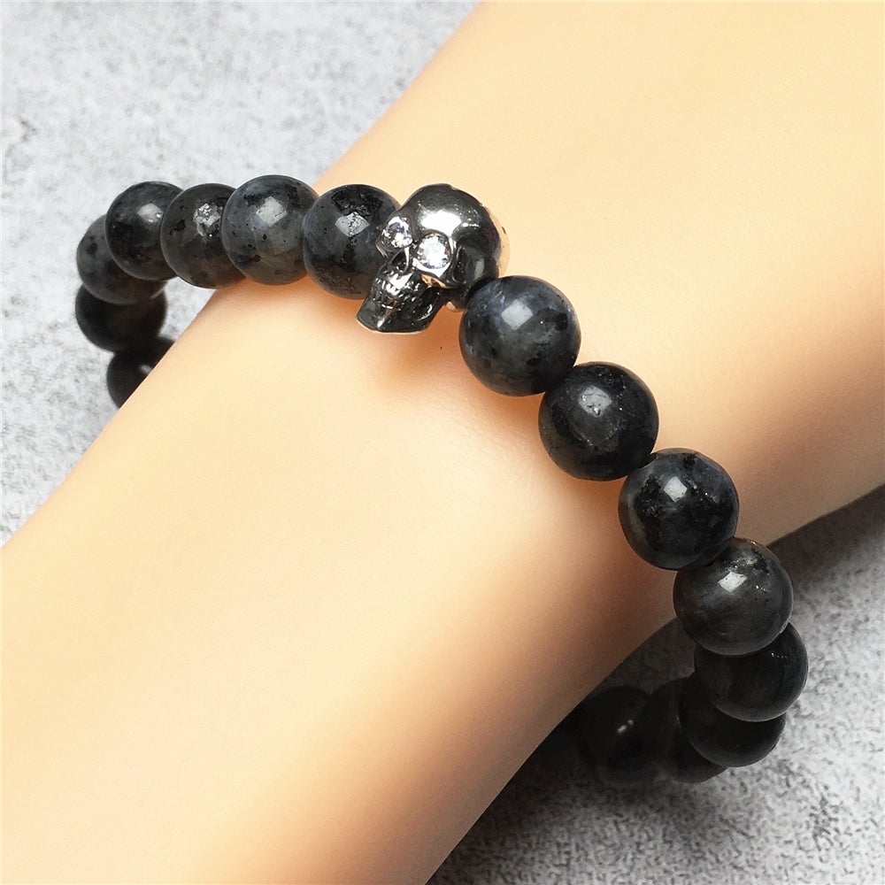 Labradorite Stretch Bracelet with Crystal Skull Semi Precious Gemstone Elastic Beaded Bracelet