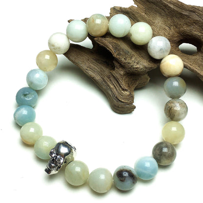 Amazonite Stretch Bracelet with Crystal Skull Semi Precious Gemstone Elastic Beaded Bracelet