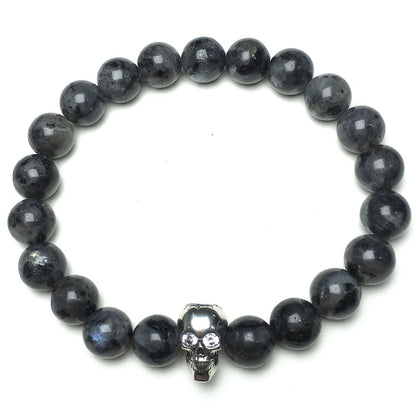 Labradorite Stretch Bracelet with Crystal Skull Semi Precious Gemstone Elastic Beaded Bracelet
