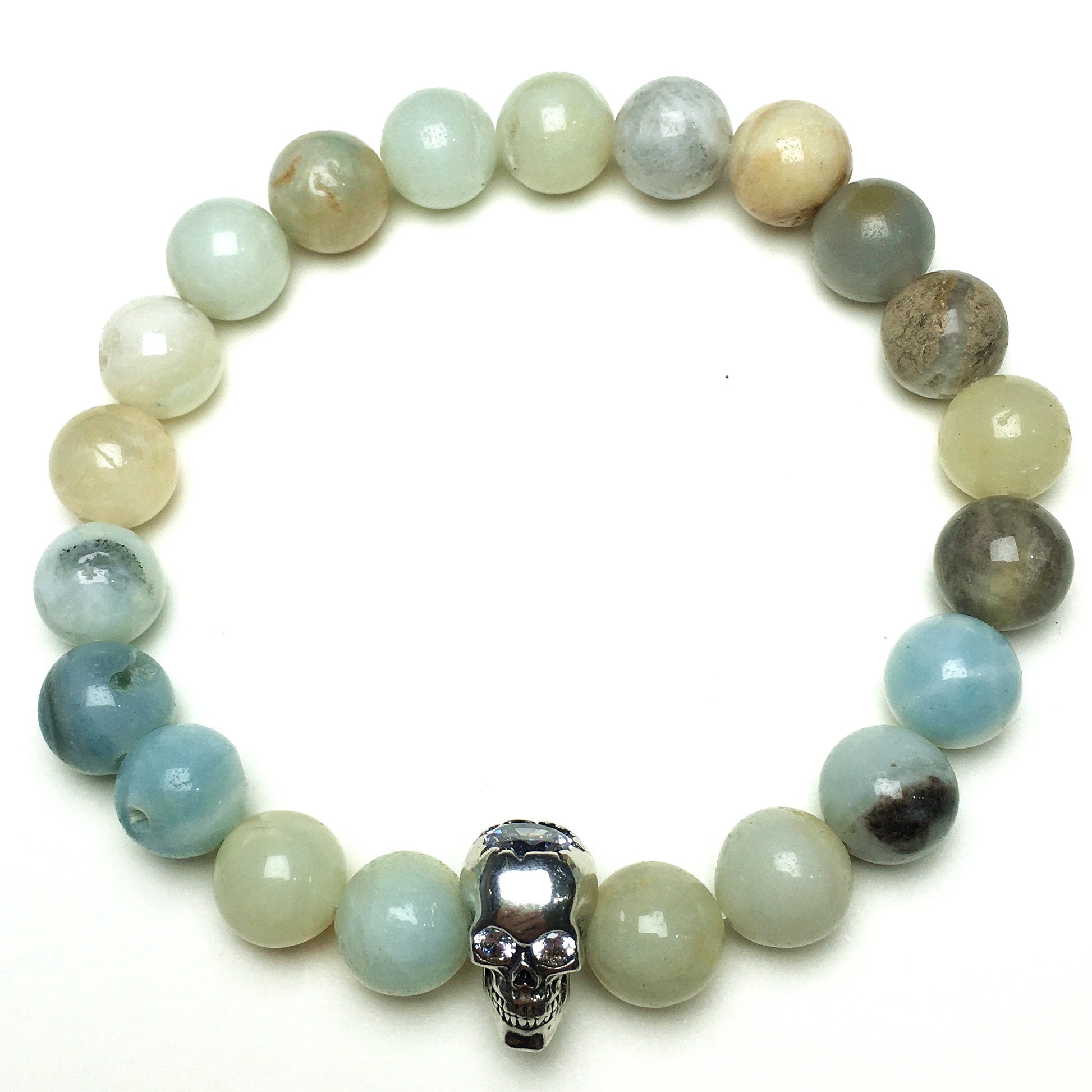 Amazonite Stretch Bracelet with Crystal Skull Semi Precious Gemstone Elastic Beaded Bracelet