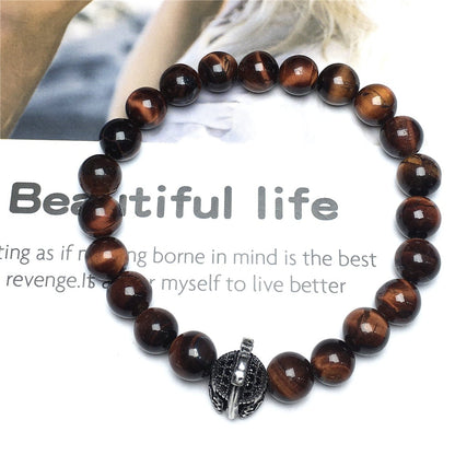 Red Tiger Eye Gemstone Beaded Bracelet Elastic Stretch Bracelet Spartan Helmet Design