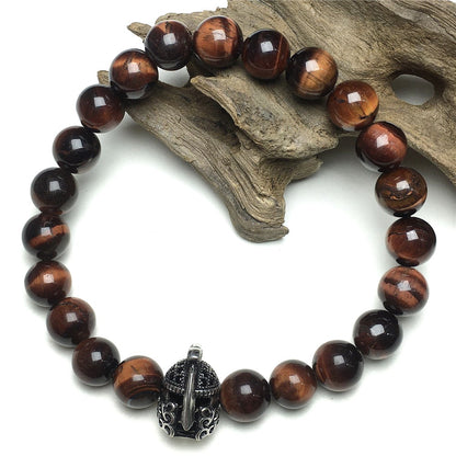 Red Tiger Eye Gemstone Beaded Bracelet Elastic Stretch Bracelet Spartan Helmet Design