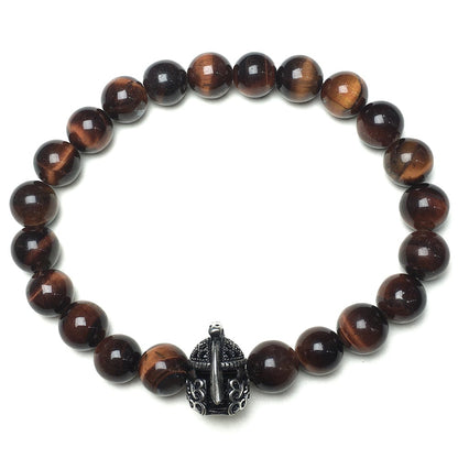Red Tiger Eye Gemstone Beaded Bracelet Elastic Stretch Bracelet Spartan Helmet Design