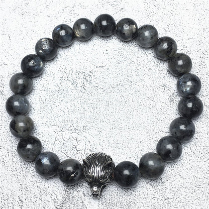 Natural Labradorite Gemstone with Wolf Charm Spacer Bracelets Elastic Stretch Bracelet