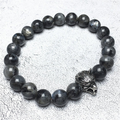 Natural Labradorite Gemstone with Wolf Charm Spacer Bracelets Elastic Stretch Bracelet