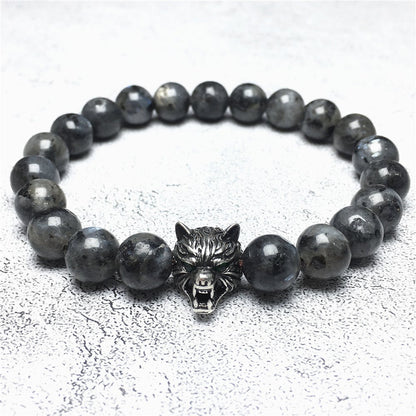 Natural Labradorite Gemstone with Wolf Charm Spacer Bracelets Elastic Stretch Bracelet