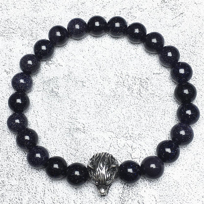 Natural Blue Sandstone Gemstone with Wolf Charm Spacer Bracelets Elastic Stretch Bracelet