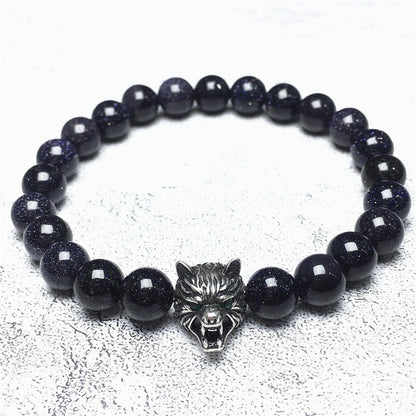 Natural Blue Sandstone Gemstone with Wolf Charm Spacer Bracelets Elastic Stretch Bracelet