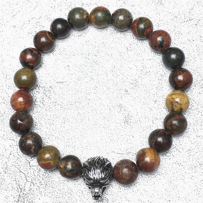 Natural Picasso Jasper Gemstone with Wolf Charm Spacer Bracelets Elastic Stretch Bracelet