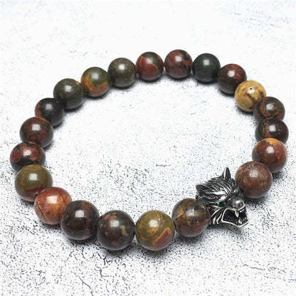 Natural Picasso Jasper Gemstone with Wolf Charm Spacer Bracelets Elastic Stretch Bracelet