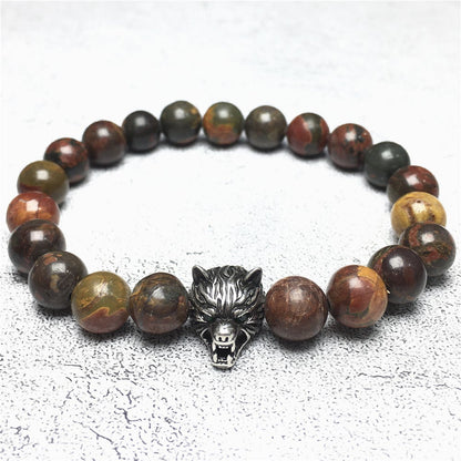 Natural Picasso Jasper Gemstone with Wolf Charm Spacer Bracelets Elastic Stretch Bracelet