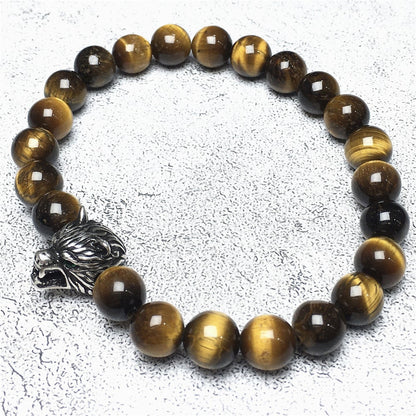 Natural Tiger Eyes Gemstone with Wolf Charm Spacer Bracelets Elastic Stretch Bracelet