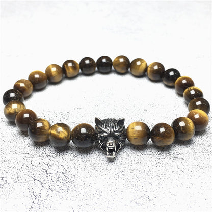 Natural Tiger Eyes Gemstone with Wolf Charm Spacer Bracelets Elastic Stretch Bracelet