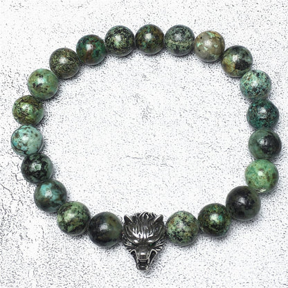Natural African Turquoise Gemstone with Wolf Charm Spacer Bracelets Elastic Stretch Bracelet