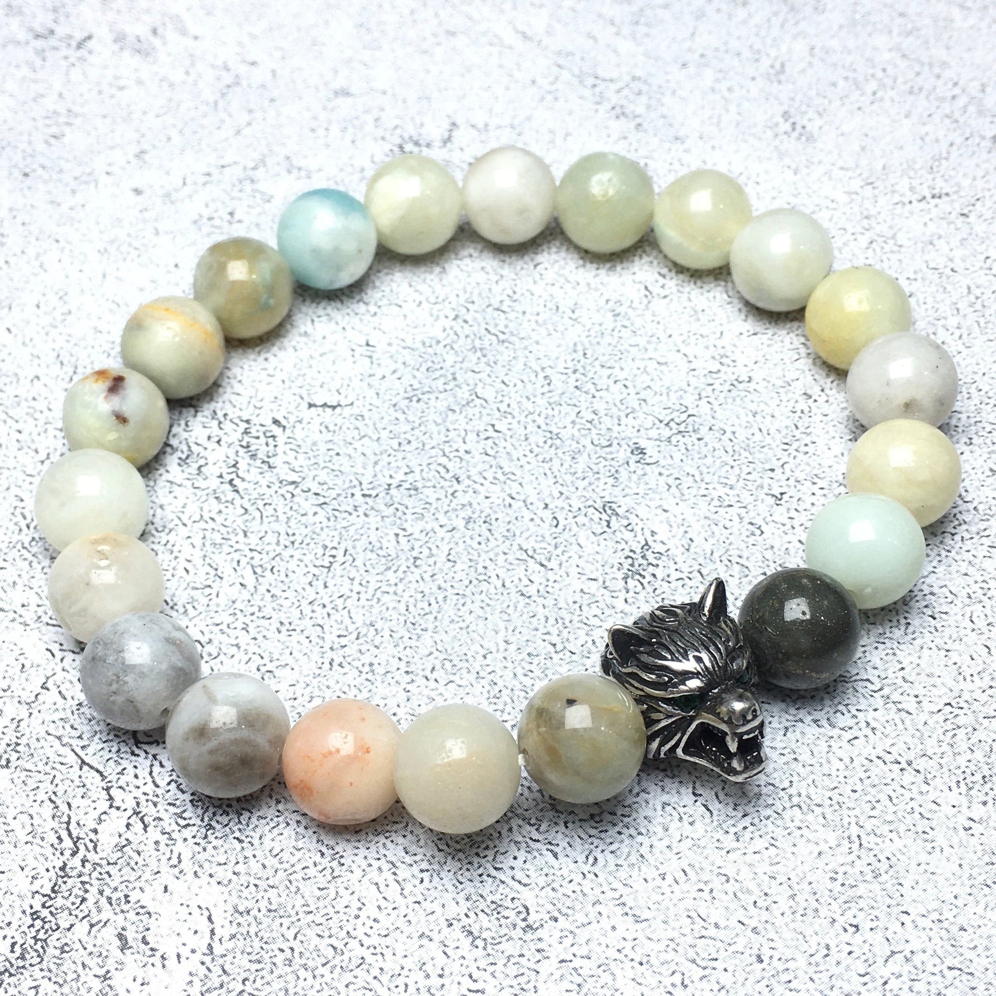 Natural Amazonite Gemstone with Wolf Charm Spacer Bracelets Elastic Stretch Bracelet
