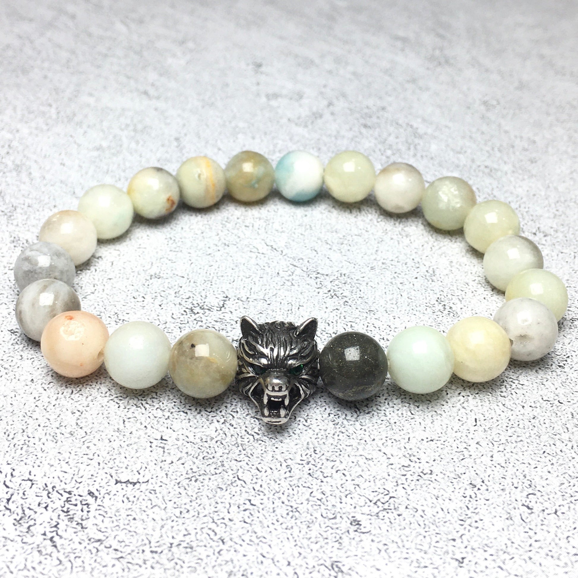 Natural Amazonite Gemstone with Wolf Charm Spacer Bracelets Elastic Stretch Bracelet