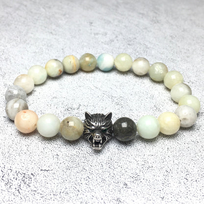 Natural Amazonite Gemstone with Wolf Charm Spacer Bracelets Elastic Stretch Bracelet