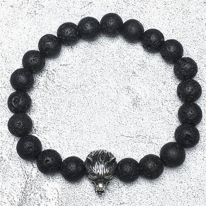 Natural Lava Stone Gemstone with Wolf Charm Spacer Bracelets Elastic Stretch Bracelet