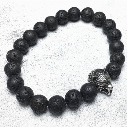 Natural Lava Stone Gemstone with Wolf Charm Spacer Bracelets Elastic Stretch Bracelet