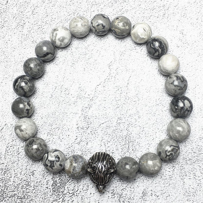 Natural Map Stone Gemstone with Wolf Charm Spacer Bracelets Elastic Stretch Bracelet