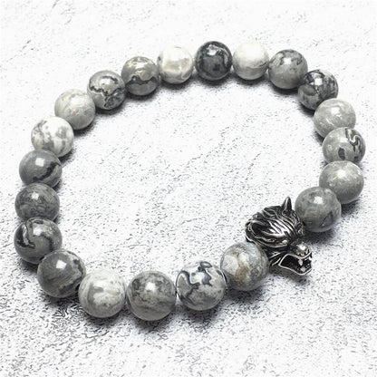 Natural Map Stone Gemstone with Wolf Charm Spacer Bracelets Elastic Stretch Bracelet