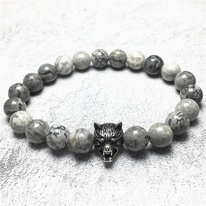 Natural Map Stone Gemstone with Wolf Charm Spacer Bracelets Elastic Stretch Bracelet
