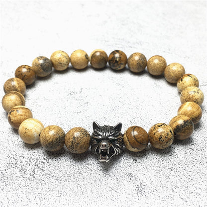 Natural Picture Jasper Gemstone with Wolf Charm Spacer Bracelets Elastic Stretch Bracelet