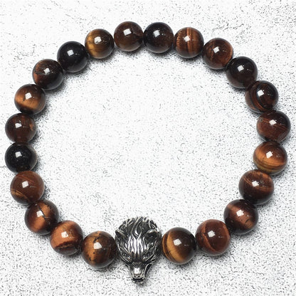 Natural Red Tiger Eyes Gemstone with Wolf Charm Spacer Bracelets Elastic Stretch Bracelet