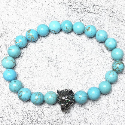 Natural Blue Turquoise Gemstone with Wolf Charm Spacer Bracelets Elastic Stretch Bracelet