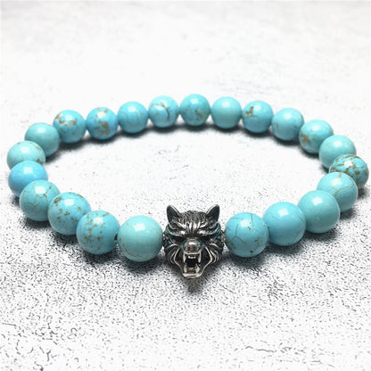Natural Blue Turquoise Gemstone with Wolf Charm Spacer Bracelets Elastic Stretch Bracelet