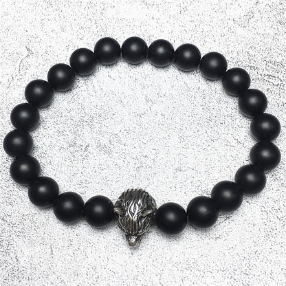 Natural Matte Onyx Gemstone with Wolf Charm Spacer Bracelets Elastic Stretch Bracelet