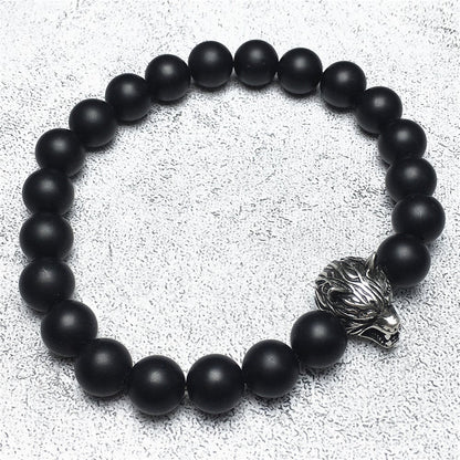 Natural Matte Onyx Gemstone with Wolf Charm Spacer Bracelets Elastic Stretch Bracelet