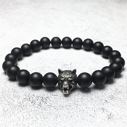 Natural Matte Onyx Gemstone with Wolf Charm Spacer Bracelets Elastic Stretch Bracelet