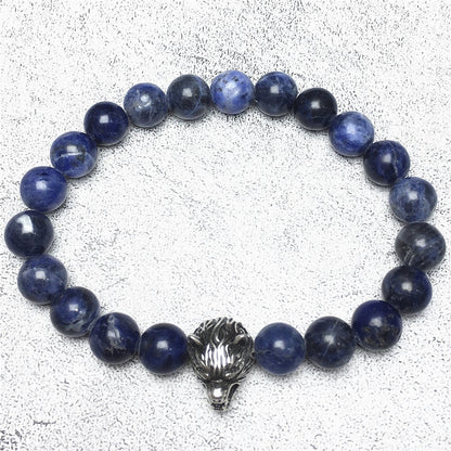 Natural Blue Sodalite Gemstone with Wolf Charm Spacer Bracelets Elastic Stretch Bracelet