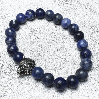Natural Blue Sodalite Gemstone with Wolf Charm Spacer Bracelets Elastic Stretch Bracelet