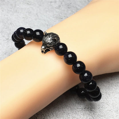 Natural Blue Sandstone Gemstone with Wolf Charm Spacer Bracelets Elastic Stretch Bracelet