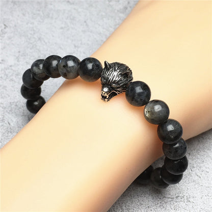 Natural Labradorite Gemstone with Wolf Charm Spacer Bracelets Elastic Stretch Bracelet