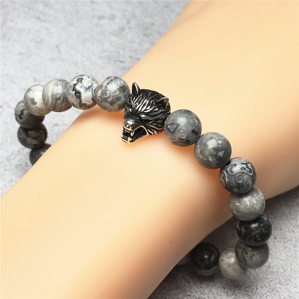 Natural Map Stone Gemstone with Wolf Charm Spacer Bracelets Elastic Stretch Bracelet