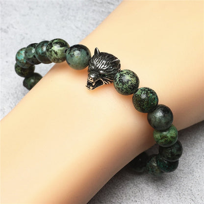 Natural African Turquoise Gemstone with Wolf Charm Spacer Bracelets Elastic Stretch Bracelet