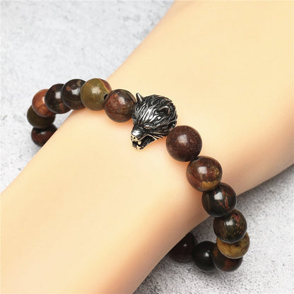 Natural Picasso Jasper Gemstone with Wolf Charm Spacer Bracelets Elastic Stretch Bracelet