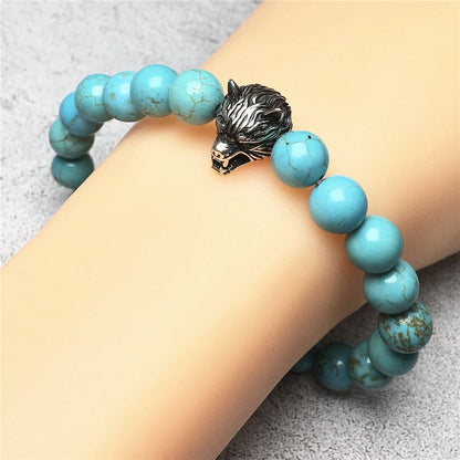 Natural Blue Turquoise Gemstone with Wolf Charm Spacer Bracelets Elastic Stretch Bracelet