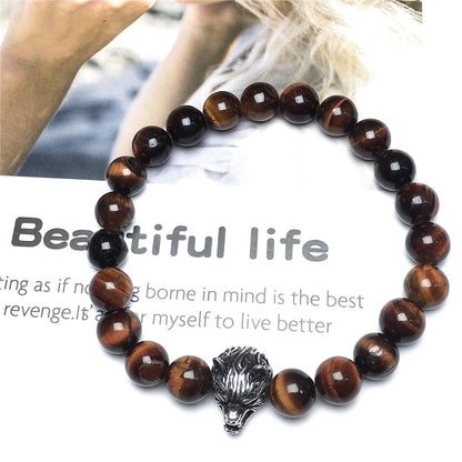 Natural Red Tiger Eyes Gemstone with Wolf Charm Spacer Bracelets Elastic Stretch Bracelet