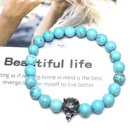 Natural Blue Turquoise Gemstone with Wolf Charm Spacer Bracelets Elastic Stretch Bracelet