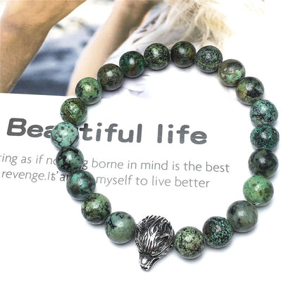 Natural African Turquoise Gemstone with Wolf Charm Spacer Bracelets Elastic Stretch Bracelet