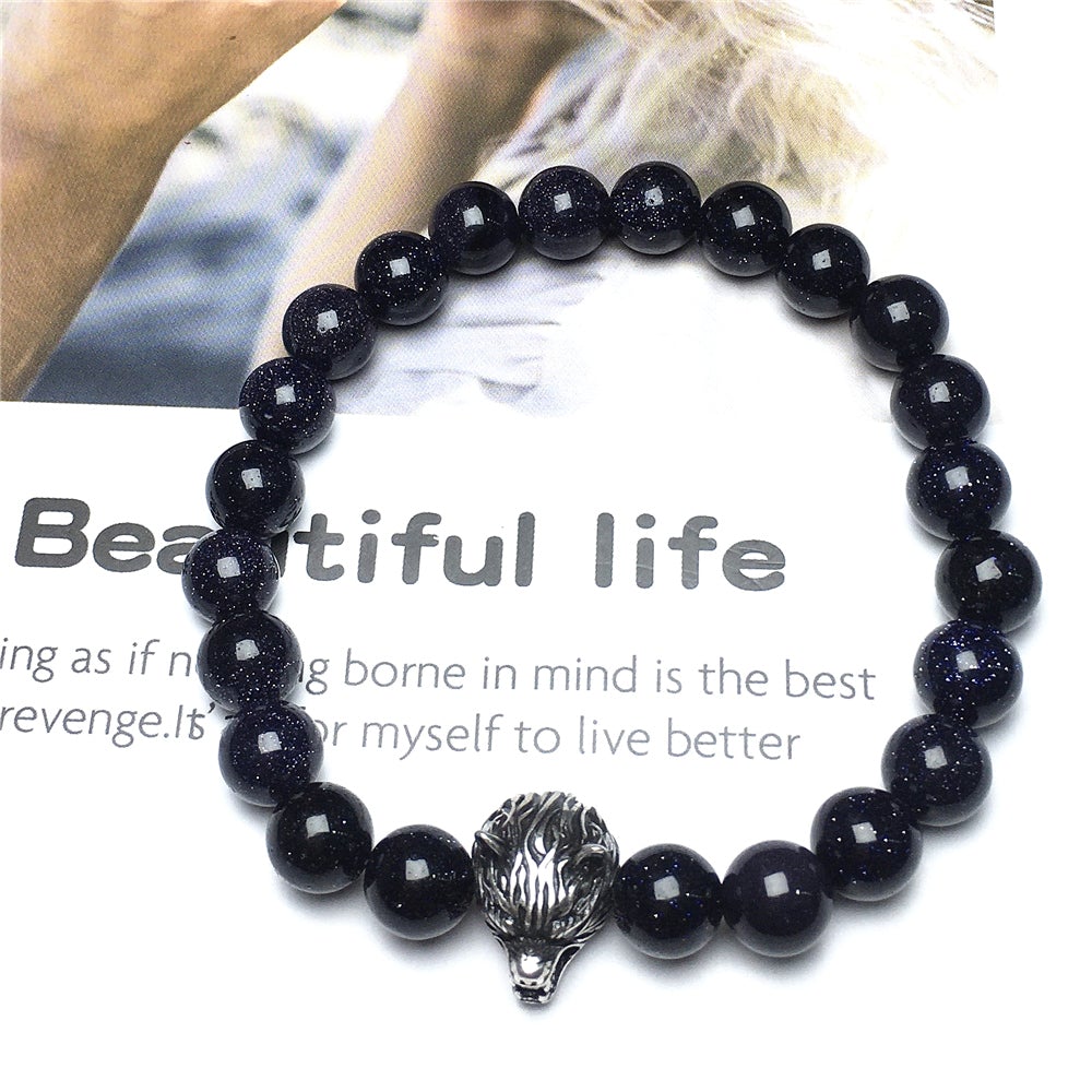 Natural Blue Sandstone Gemstone with Wolf Charm Spacer Bracelets Elastic Stretch Bracelet