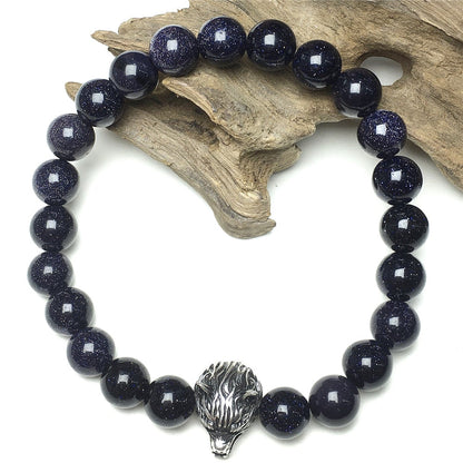 Natural Blue Sandstone Gemstone with Wolf Charm Spacer Bracelets Elastic Stretch Bracelet