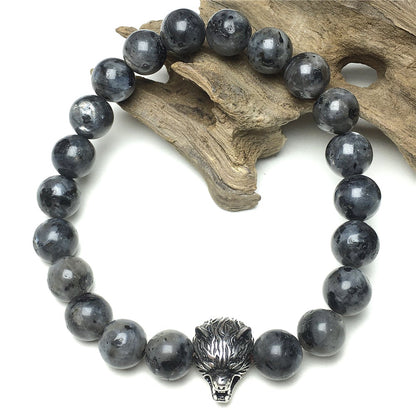 Natural Labradorite Gemstone with Wolf Charm Spacer Bracelets Elastic Stretch Bracelet
