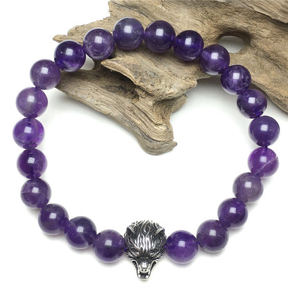 Natural Amethyst Gemstone with Wolf Charm Spacer Bracelets Elastic Stretch Bracelet