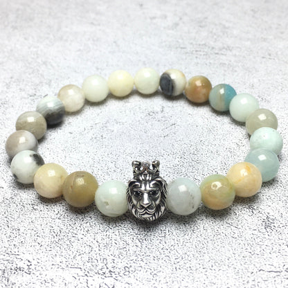 Natural Amazonite Gemstone Bracelet Beaded Adjustable Bracelet Lion King Design
