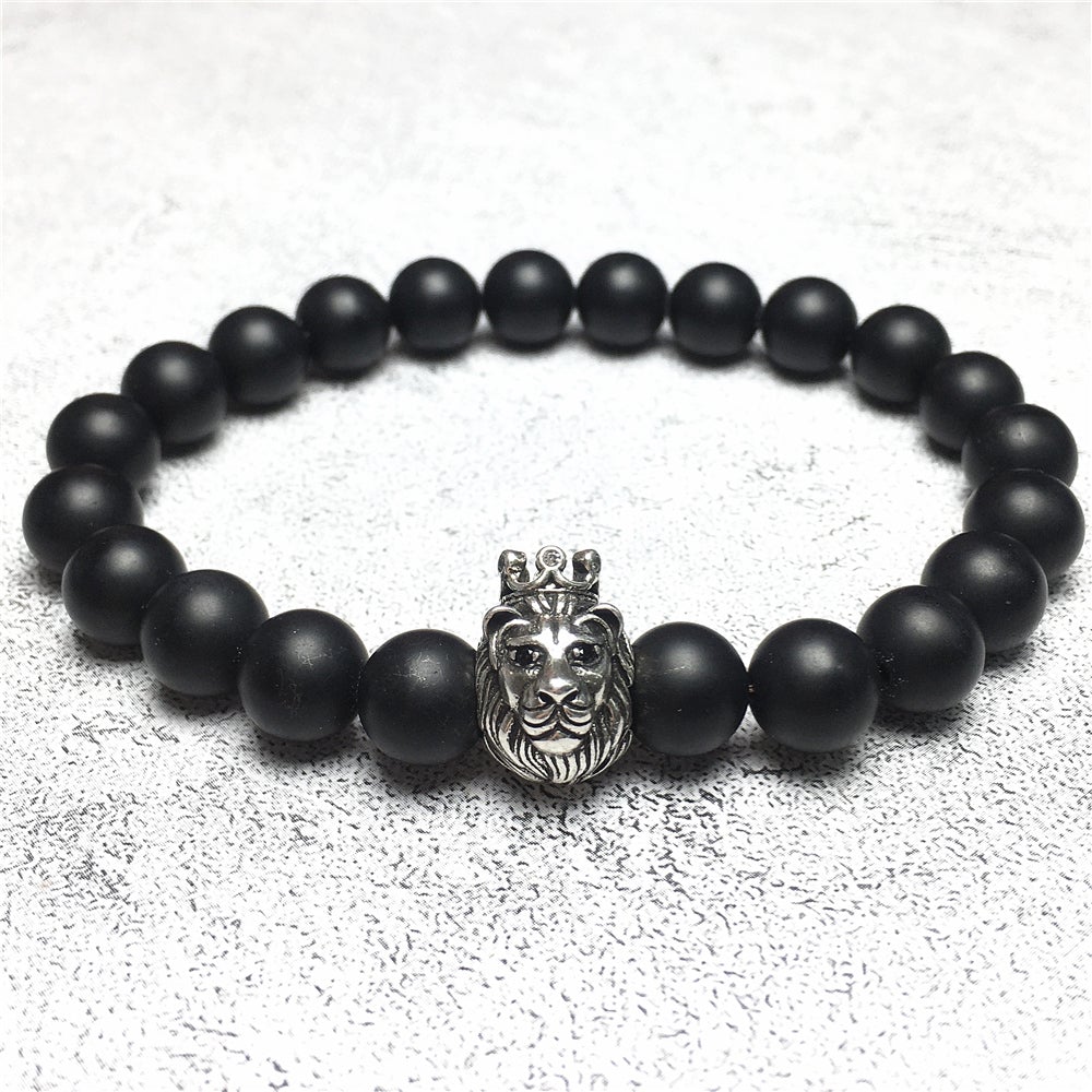 Natural Matte Onyx Gemstone Bracelet Beaded Adjustable Bracelet Lion King Design